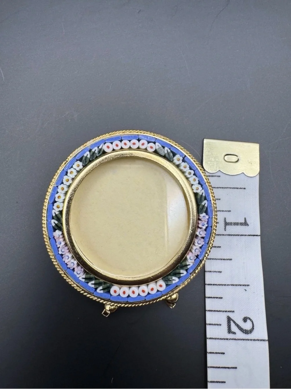 Vintage Italian Micro Mosaic Round Picture Frame Italy Floral Glass Easel Blue